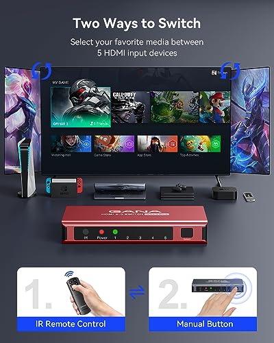 Image of HDMI Switch 5 in 1 Out 4K@60Hz, GANA HDMI Splitter Switcher with Remote, Aluminum HDMI 2.0 Switch Box Hub for 3D, HDCP2.2, HDR, Compatible with Xbox, PS5 /4 /3,Fire Stick,Roku,Blu-Ray Player, Red