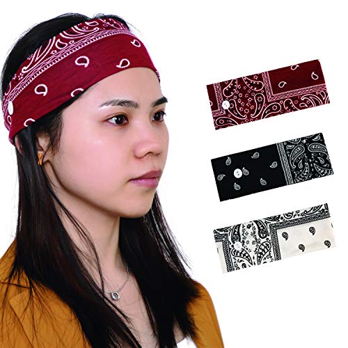 3 Pack Wide Headbands for Women Girls, Stretchy Printed Hair Bands for Workout Yoga Running Sports