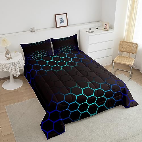 Image of Geometrics Honeycomb Comforter Set Full, Abstract Ombre Honeycomb Bedding Set for Kids Beehive Hexagon Comforter Simplistic Duvet Set 3Pcs