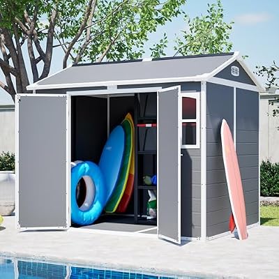 Shaical 8x6 ft Outdoor Resin Storage Shed with Floor and 2 Windows, Waterproof Lockable Door Outdoor Plastic Storage Sheds for Garden Tools, Patio Furniture, Bike Accessories, Lawn Mower