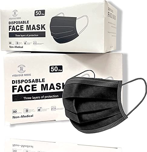 REQUISITE NEEDS Face Mask Black Disposable for Adults, Disposable Breathable Face Coverings, Face Masks Breathable,3 Layer Face Masks | Suitable For Sensitive Skin (Black)