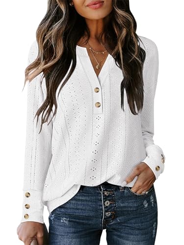 ANRABESS Womens Eyelet Tops Long Sleeve Henley Shirts Business Dressy Casual Blouse Vacation T-Shirt 2025 Fall Outfits