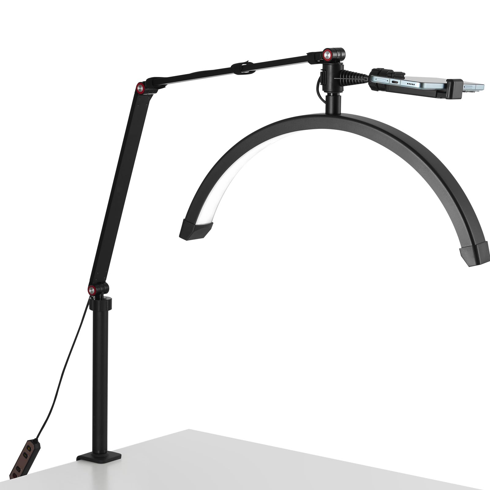 VEVOR Lampe d’Esthéticienne Demi-lune de Table, Lampe LED Arc pour Manucure Extension de Cils 20 W, Luminosité et Température de Couleur Réglables, avec Support de Téléphone, pour Beauté, Sourcils