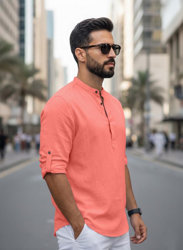 Image of Men Cotton Blend Mandarin Collar Casual Kurta Shirt | Roll-Up Sleeves | Regular Fit Ethnic Short Kurta for Daily