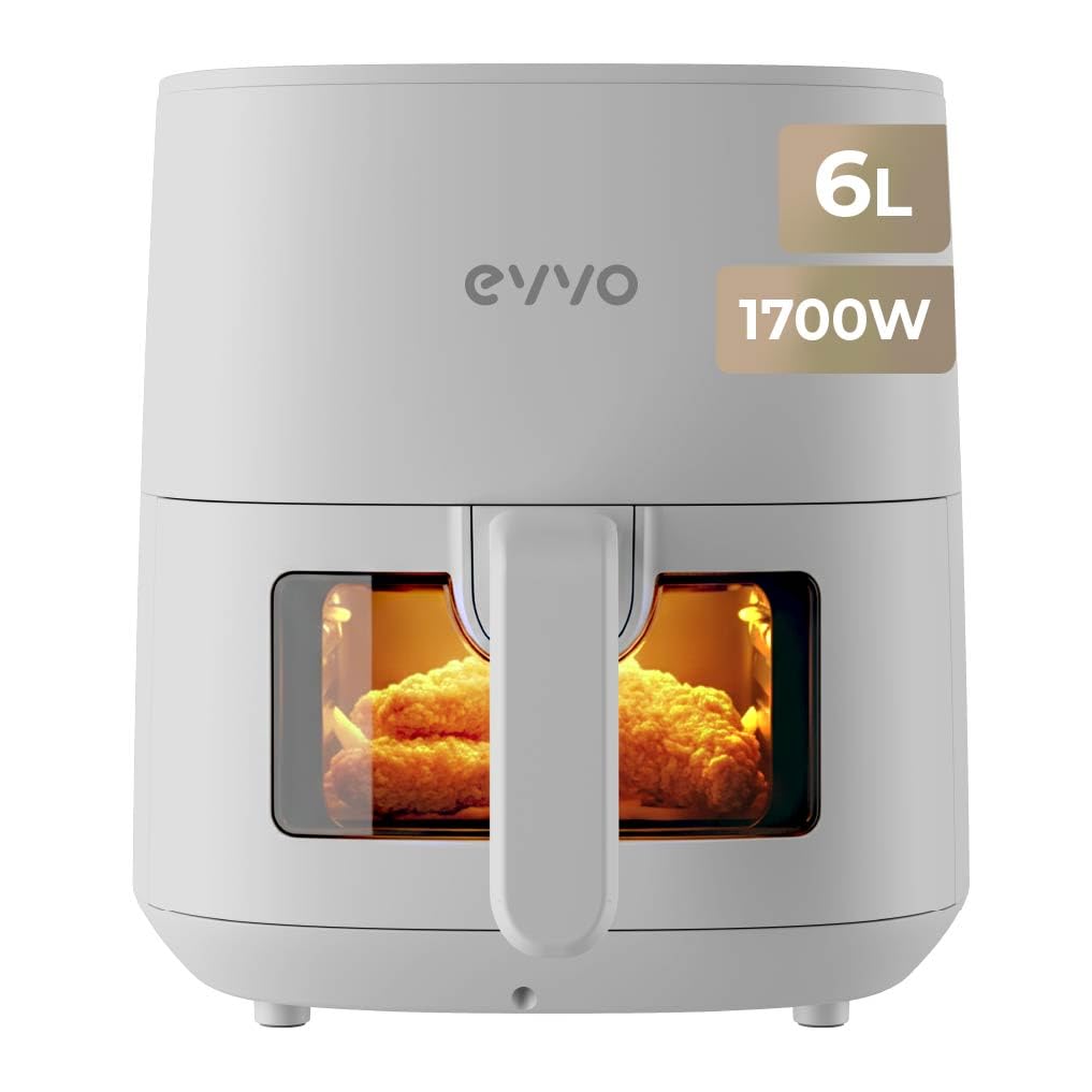 EVVO Tasty Fryer 6,5L Blanco - Freidora sin Aceite 1700W, Air Fryer 6,5 Litros, Tecnología Dual Cyclone, Panel Táctil Digital, Hasta 200ºC, Temporizador, Apagado Automático, Antiadherente