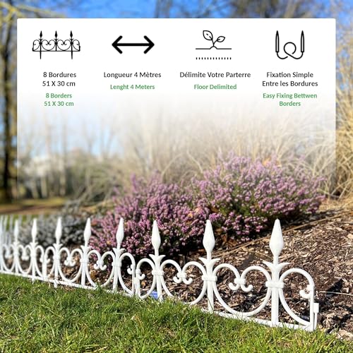 FISHTEC - Flexible Gartenbegrenzung aus Kunststoff im 8er Set - Gesamtlänge 4,08 m - Für Beete Rasenflächen Wege und Gartenbereiche - Einfache Montage - Farbe Weiß - Maße 50 x 30 cm