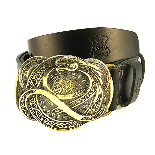 Leather belt with scandinavian buckle Jormungandr, Handmade Jormungandr Midgard World Serpent solid brass belt buckle with leather belt2