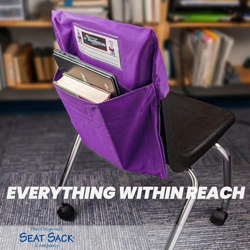 Image of Seat Sack Student Chair Storage Pocket - 17 inch, Single Pocket, Classroom Chair Organizer for Student Desks, Durable Over-the-Chair Storage, Ready-to-Use Name Tag Window, Purple, 1-Pack