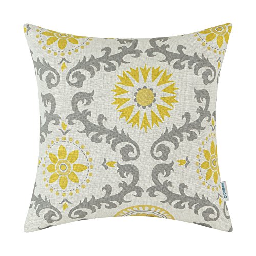 CaliTime Canvas Throw Pillow Cover Case for Couch Sofa Home Decoration Three-Tone Dahlia Floral Compass Geometric 18 X 18 Inches Yellow/Gray