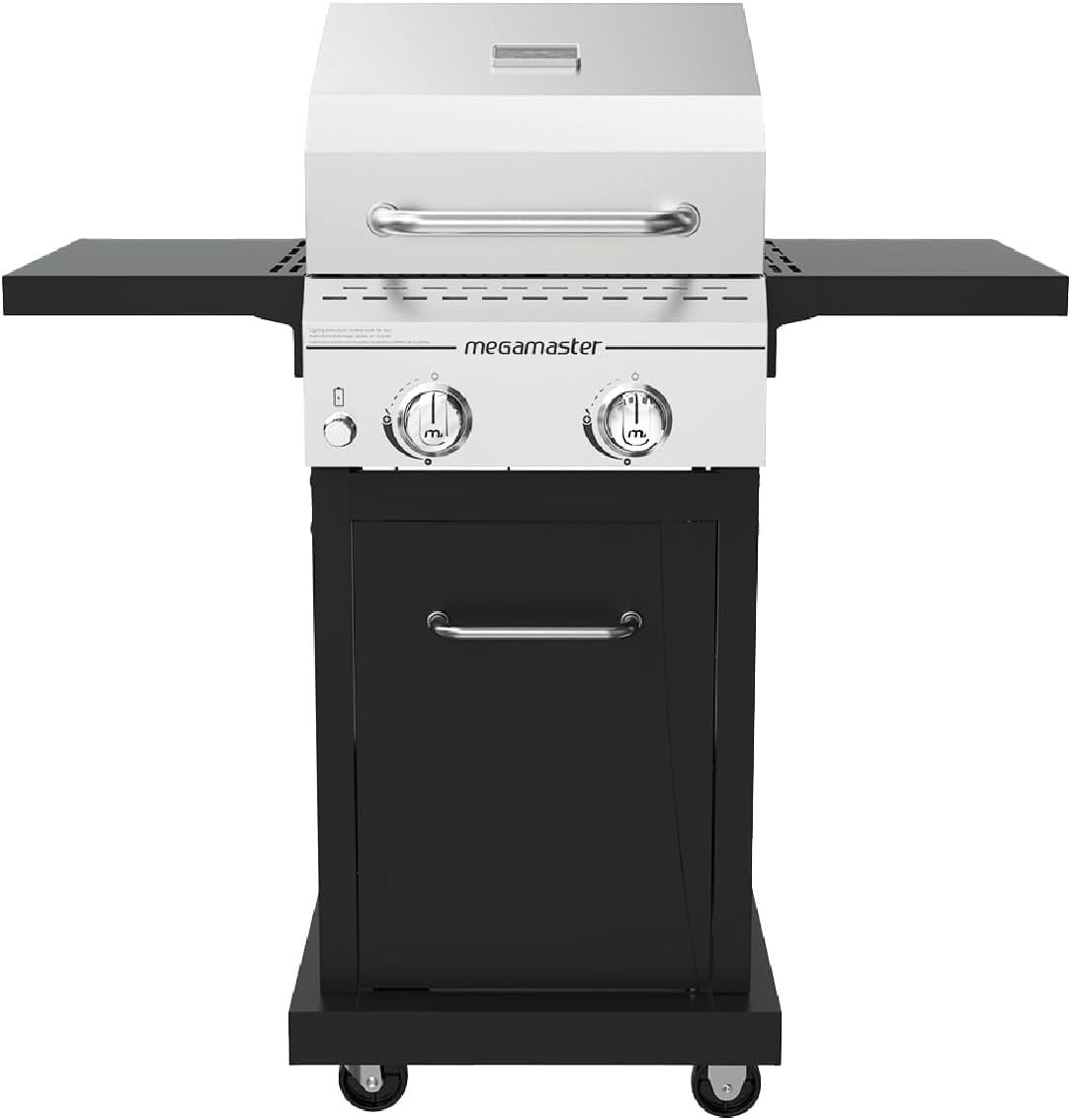 MegamasterDeluxe 2-Burner Gas Grill with Foldable Side Tables, 418 SQ In Cooking Space, 28000 BTUs, Stainless Steel Lid, Propane BBQ Grill for Outdoor Cooking, Patios, Backyards and More - 720-0864MA