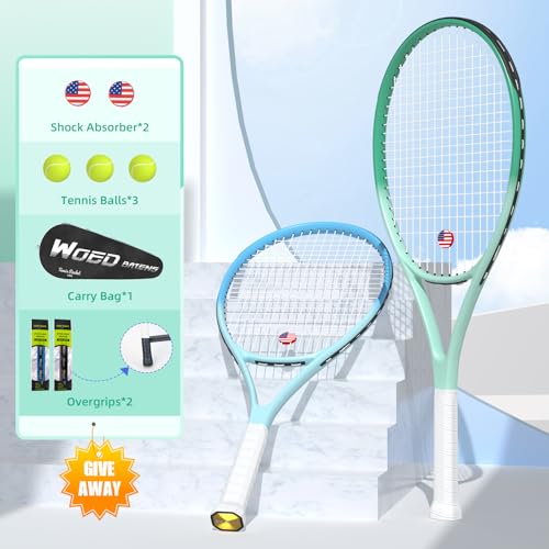 Image of Pro Tennis Racket for Adults, 2 Player 27 inch Speed Tennis Racquet Acceptable for Beginner and Professional with 3 Tennis Balls, 2 Vibration Dampes, 2 Overgrips, Tennis Bag