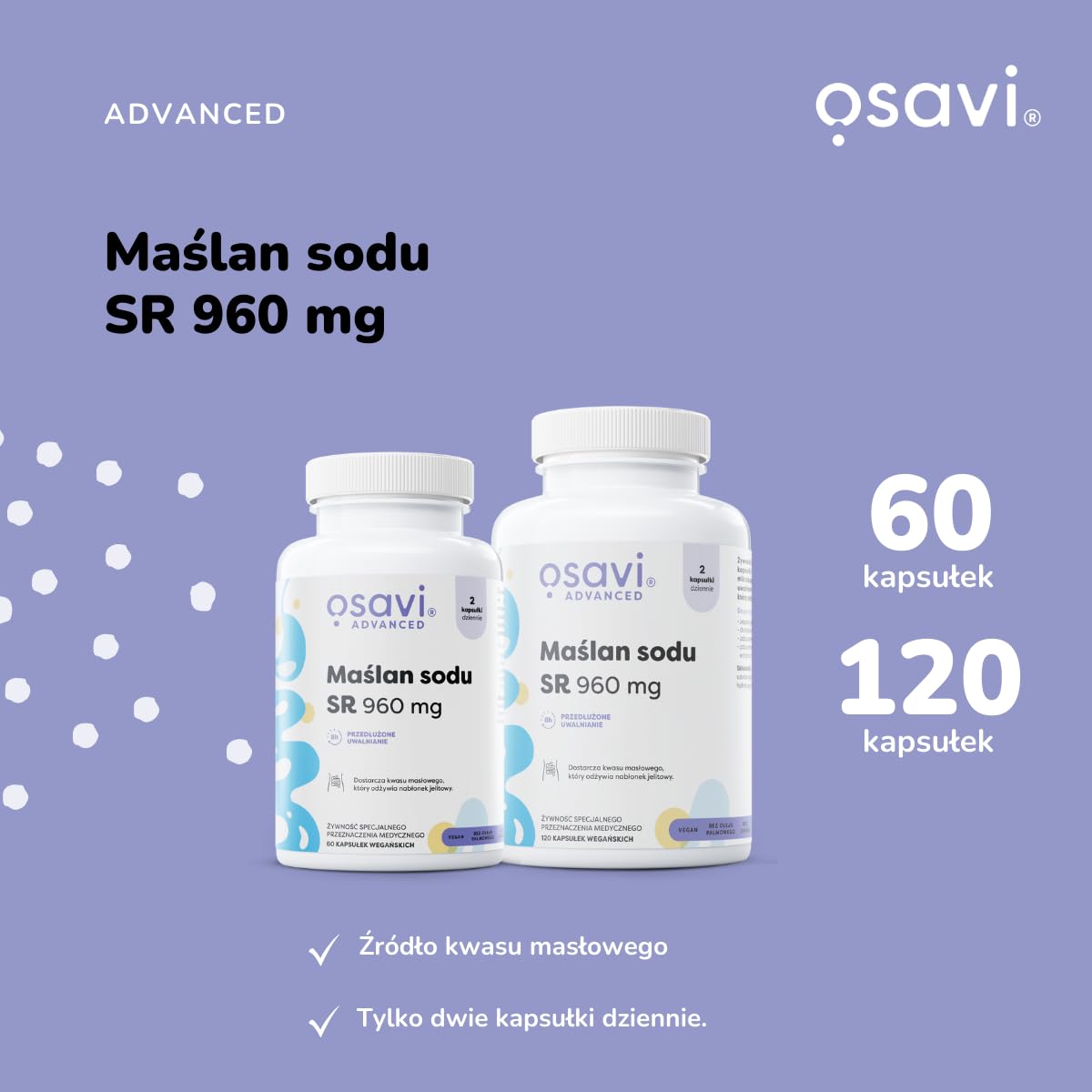 Osavi Butyrate de sodium SR, 960mg - 60 Capsules Vegan | Butyran de sodium microencapsulé | Haute teneur en acide butyrique | Inodore et insipide | Vegan, sans gluten, sans soja, sans OGM