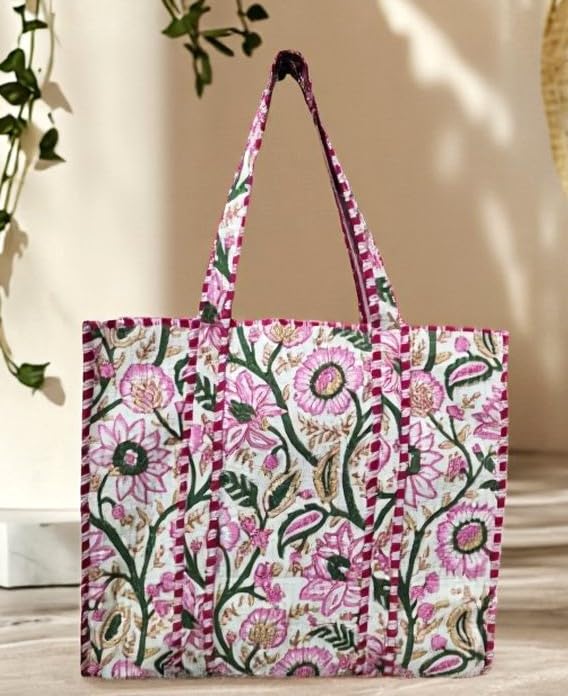 Image of Cotton Tiger Block Print Tote Bag, Indian Handmade Shopping Shoulder Bag, Unisex Market Daily Use