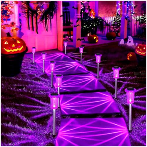 Image of DenicMic Solar Halloween Lights Outdoor 15 Pack Purple LED Halloween Decor | Yard Garden Pathway Walkway Driveway Landscape Spike Style Starburst Light Pattern, IP65 Waterproof, Acrylic /Stainless Steel