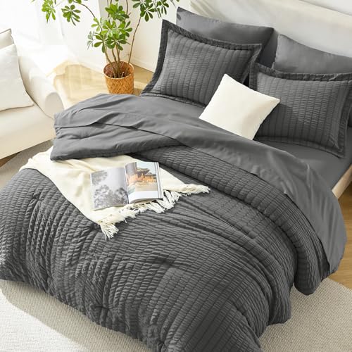 Image of HIMEET Queen Comforter Set - 7 Pieces Seersucker Bed in a Bag, Boho Bedding Sets for Bedroom Decor, All Season Home Essential Bed Set with Comforter, Sheets, Pillowcases & Shams, Dark Grey