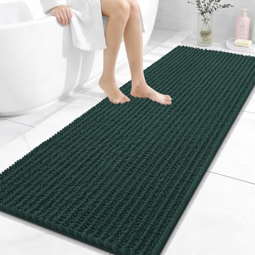Image of OLANLY Long Bathroom Rugs Runner 59x24, Thick Soft and Absorbent Chenille Bath Mat, Non-Slip, Machine Washable Quick Dry Bath Rugs for Tub Shower Floor, Home Decor Accessories, Blackish Green