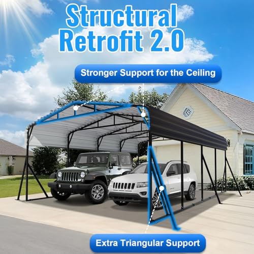 Image of 20X20FT Heavy Duty Carport, Metal Carport with Reinforced Frame & Side Support Poles for All-Weather, Large Outdoor Car Port Suitable for Parking Pickup, Boat, Car, and Tractor