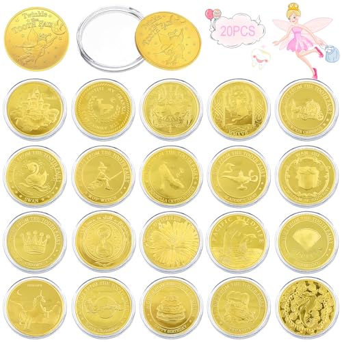 VEEKAY 20 Piezas Monedas de hadas de dientes, Hada de Dientes Monedas de Oro,Regalos Hada de Los Dientes, Moneda Conmemorativa Colección de Recuerdos Moneda para Diente Perdido Niños Regalos