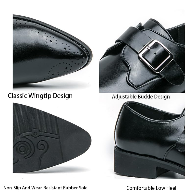 Men's Leather Monk Buckle Low Heel Dress Oxford Shoes Retro Round Toe Wing Tip Buckle Slip-On Flat Business Derby Shoes for Driving Office Work2