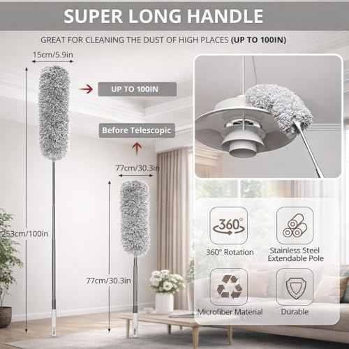 Image of RAIQEE Microfiber Feather Duster Bendable & Extendable Fan Cleaning Duster with 100 inches Expandable Pole Handle Washable Duster for High Ceiling Fans,Window Blinds, Furniture (Standard)