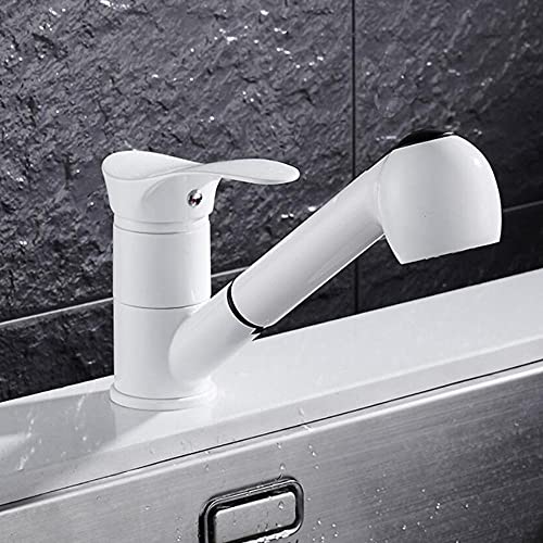 Robinet Cuisine avec Douchette Extractible, Mitigeur Cuisine Laiton Chaude et Froide 2 Fonctions Buses Trous Simples Robinet Evier de Cuisine-Blanc