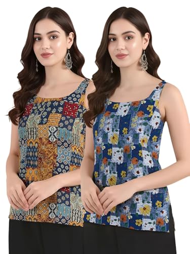Image of Pinkmint Women Kurti Tops | Sleeveless Printed Kurti for Women | Cotton Blend Short Kurta Tops | Casual, Office Wear, College & Summer Tunic Tops for Women | Pack of 2