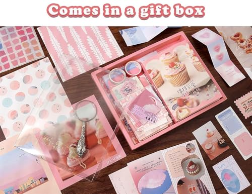 Image of VOTDOT (346Pcs) Paper Junk Journal & Scrapbook Kit, Scrapbooking Supplies Kit with Creative Decor Journaling Supplies, Stationery, Stickers, A6 Grid Notebook with Graph Ruled Page Gift for Girl (Pink)