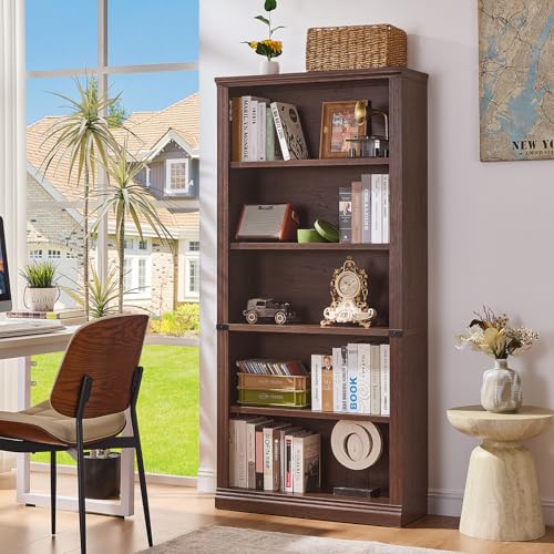 RWYHG 70' Walnut Tall Bookshelf,5-Tier Thick Wooden Book Shelf with Adjustable Shelves,Free Standing Farmhouse Bookcase with Open Display Storage,Floor Vintage Bookshelves for Living Room,Office