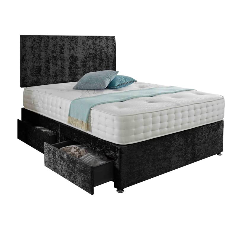 SANA SLEEP Classic Premium Fabric Divan Bed Set With Open Coil Memory Foam Mattress, No Storage and Matching Headboard 3FT Single - Black Crushed Velvet