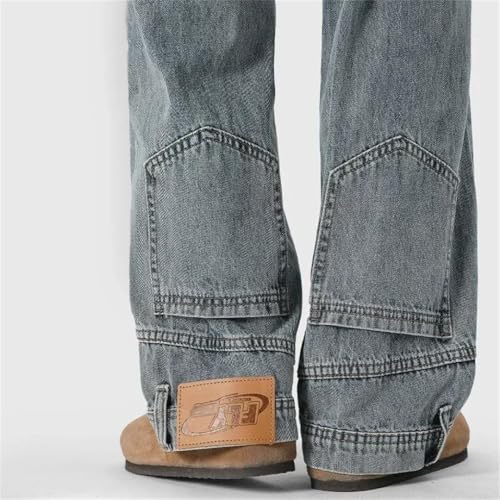 Men's Baggy Jeans Reverse Pocket Design Straight Wide Leg Denim Trousers Solid Color Y2K Vintage Jean2