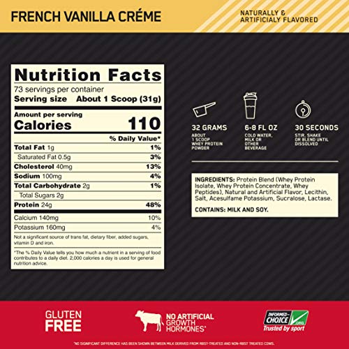 Optimum Nutrition Gold Standard 100% Whey Protein Powder, French Vanilla Creme, 5 Pound (Packaging May Vary)