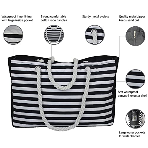 Beach-Tote-Bag-Large-Waterproof-Sandproof-with-YKK-Zippered-top-cotton-rope-handles-and-multiple-pockets-Black