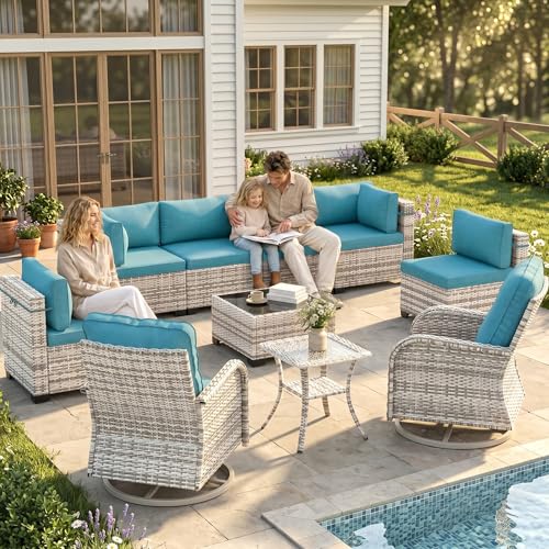 Image of Outdoor PE Wicker Rattan Modular Patio Sectional Sofa Set | 10-Piece: 6 Modular Seats, Coffee Table, 2 Swivel Rocking Chairs & Side Table, Lake Blue