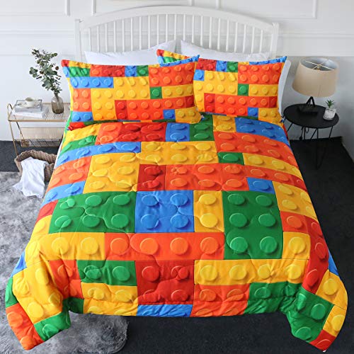 Blessliving 3 Piece Colorful Toy Comforter Set For Kids Teens Boys Funny Building Blocks Bedding Set Twin/Twin Xl With Comforter Reversible Quilt Twin Sets With 2 Pillow Shams cover