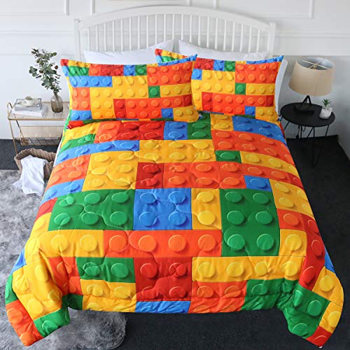 BlessLiving 3 Piece Colorful Toy Comforter Set for Kids Teens Boys Funny Building Blocks Bedding Set Twin/Twin XL with Comforter Reversible Quilt Twin Sets with 2 Pillow Shams