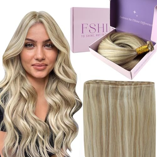 Fshine Genie Extensiones Cortina Pelo Natural Cabello Humano 40cm 50g Pelo Para Coser Humano Rubio Dorado Mezclado con Highlight Extensiones Pelo Natural Color 16P22