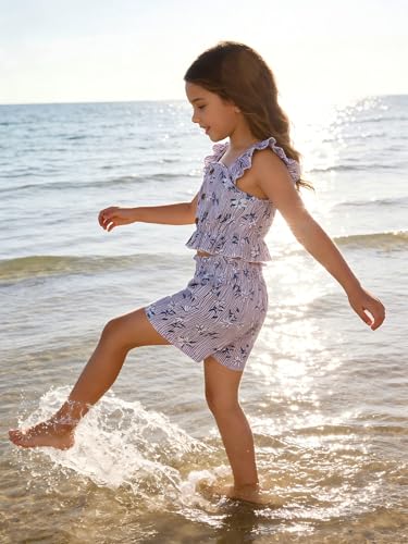 Image of Kids Toddler Girls Summer Clothes Button Design Striped Tank Top + Floral-Print Elastic Shorts 2 Piece Outfits