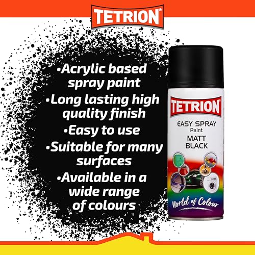 Image of Tetrion Easy Spray Paint - Matt Black 400ml (Pack of 6) - All-Purpose Fast Drying Acrylic Spray for Wood, Metal, Plastic, Ceramic & More, Smooth Base Coat - Indoor & Outdoor Use, 13.5 Oz