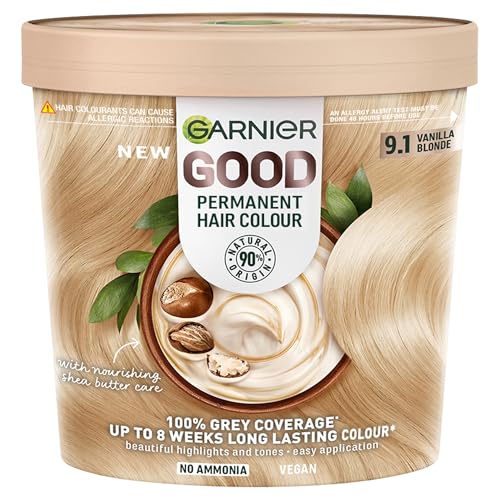 Garnier GOOD Permanent Hair Dye, 9.1 Vanilla Blonde. Delivers 100% grey coverage and 8-week colour. No ammonia, vegan shea butter formula for vibrant, luminous blonde on all hair types.