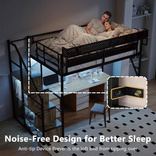 Image of Full Size Metal Loft Bed with Storage Stairs, Wardrobe & Charging Station