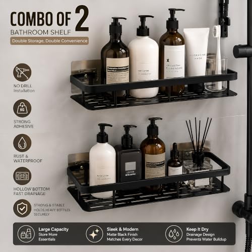 Image of Niwlix Self Adhesive Bathroom Organiser Without Drill Accessories Set | Wall Mounted Bathroom Shelves | Aluminum Bathroom Organizer Rack for Bathroom Accessories (Black)