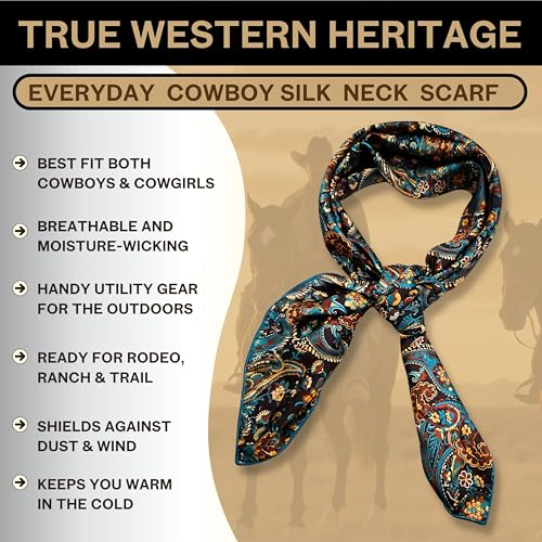 Wild Rag Silk Scarf 36'', Western Cowboy Bandana Square Silky Wild Rags,Teal,Brown &Black Classic Paisley Tribal Scarves for Men & Women2