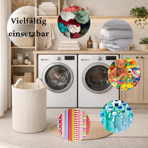 Wäschesammler 44L rund Beige – Faltbarer Wäschesammler groß mit Trageschlaufe – Wäschebox schmal – Wäschekorb Stoff, Wäschekorb faltbar, Wäschetonne & Wäschebehälter für Schmutzwäsche – Laundry Bag