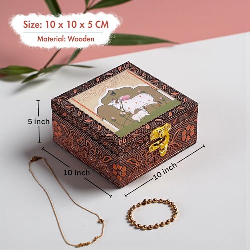 Image of Wooden Jewellery Box for Women - Ivory Sand | Handcrafted Pichwai Design with Lock | 4x4 Inch Organizer for Earrings Rings | Return Gift for Wedding Diwali Pooja