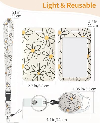 Image of ID Badge Holder with Lanyard, Floral Daisy Badge Holders Reels with Detachable Lanyards, Cute Rainbow Work Card Retractable Keychain Vertical ID Card forTeacher Students Nurse Office