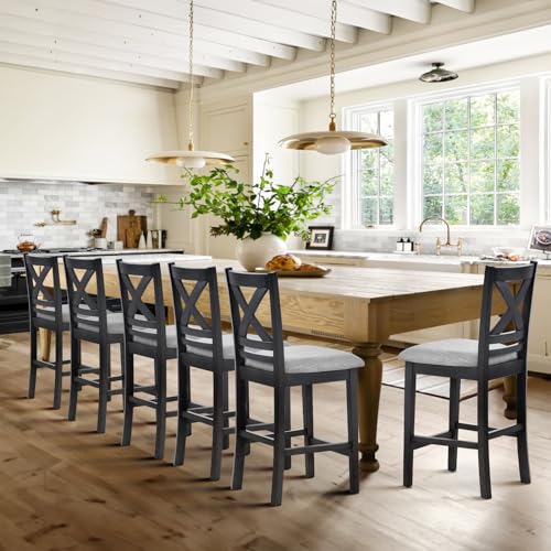 Image of COLAMY Upholstered Counter Height Bar Stools Set of 6, Modern Kitchen Island Barstools Chairs with Cross Back and Wood Legs for Dining Room Bar, Dark Grey