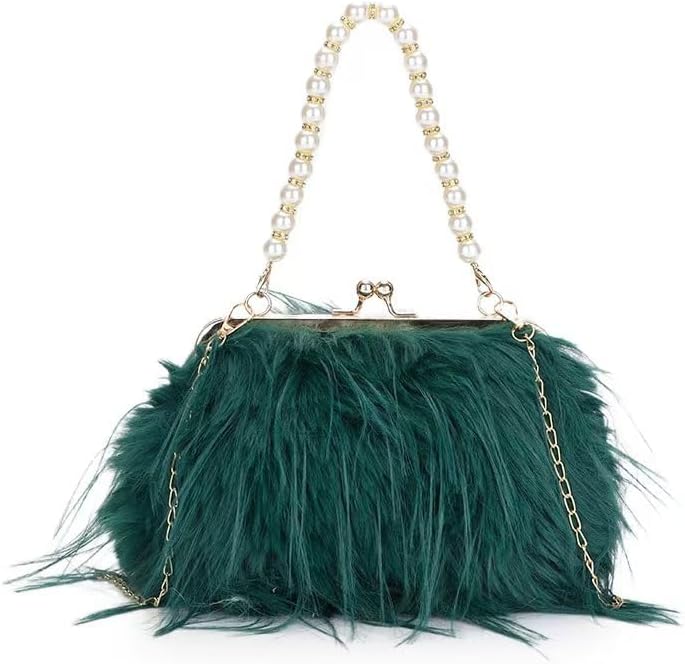Women Pearl Ostrich Feather Tote Bag Fluffy Purse Clutch Feather Evening Handbag for WeddingParty(Green)