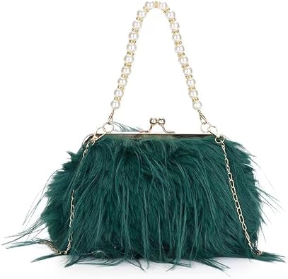 Women Pearl Ostrich Feather Tote Bag Fluffy Purse Clutch Feather Evening Handbag for WeddingPartyGreen