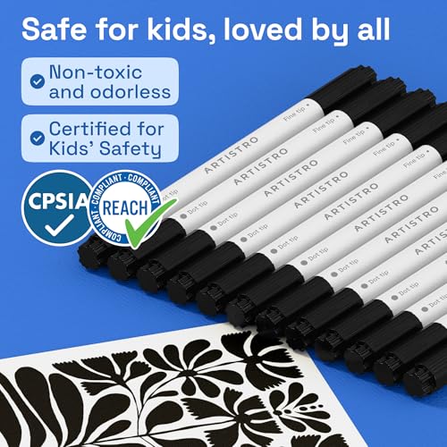 Image of ARTISTRO 12 Black Acrylic Paint Markers for Rock, Fabric, Wood, Glass, Eggs - Dual-Tip Paint Pens for Coloring Books for Adults, Teens, Kids - Art & Craft Supplies - Gift Idea - Easter Basket Stuffers