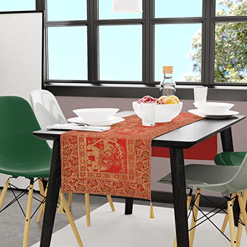 Image of E-EZRA Decorative Dining Table Runner Silk Runners Ends Tassels on Both Sides Banarasi Brocade Silk Tablecloth Decorative 6 Seater Runner Long Size 16x60 Inch (Red)